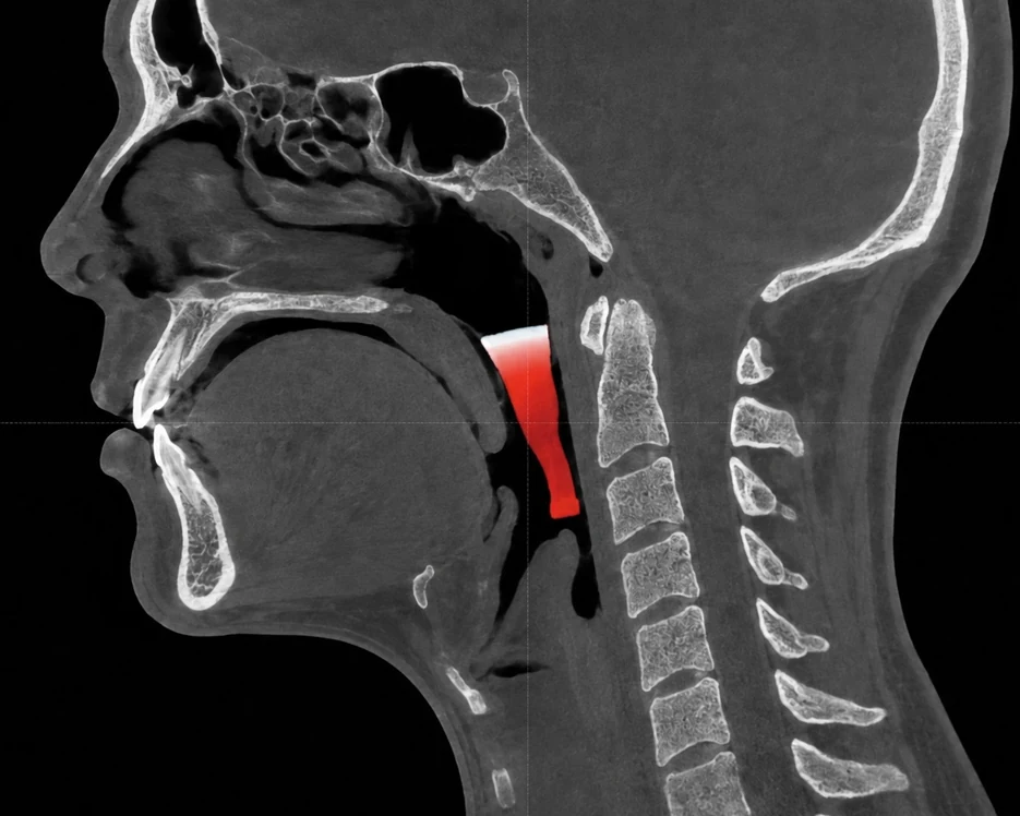 A side view scan of the head and neck with the airway highlighted in red