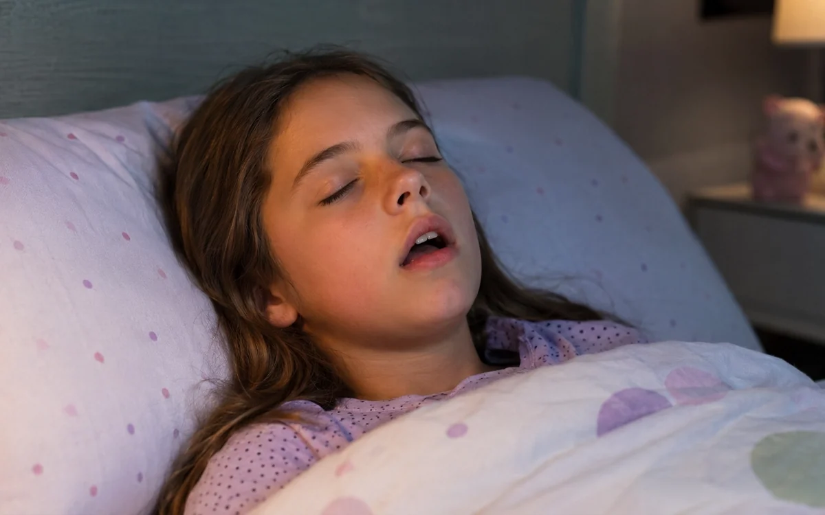 A young girl asleep with her mouth open