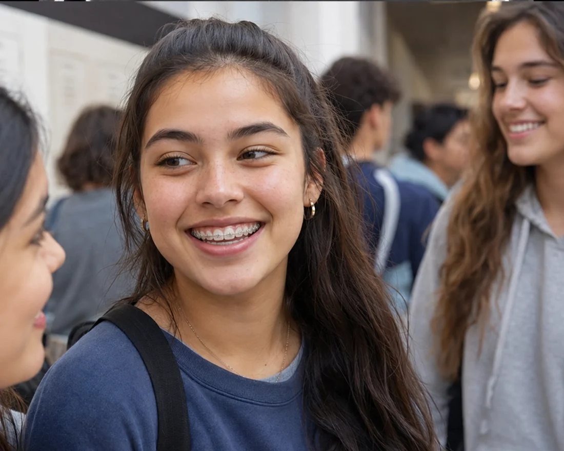 A teen with clear braces smiling with friends in a school hallway