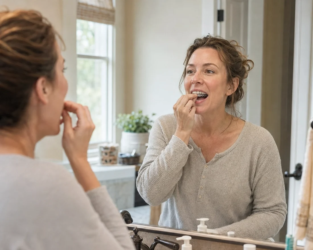 An adult woman placing a clear aligner while getting ready in the morning