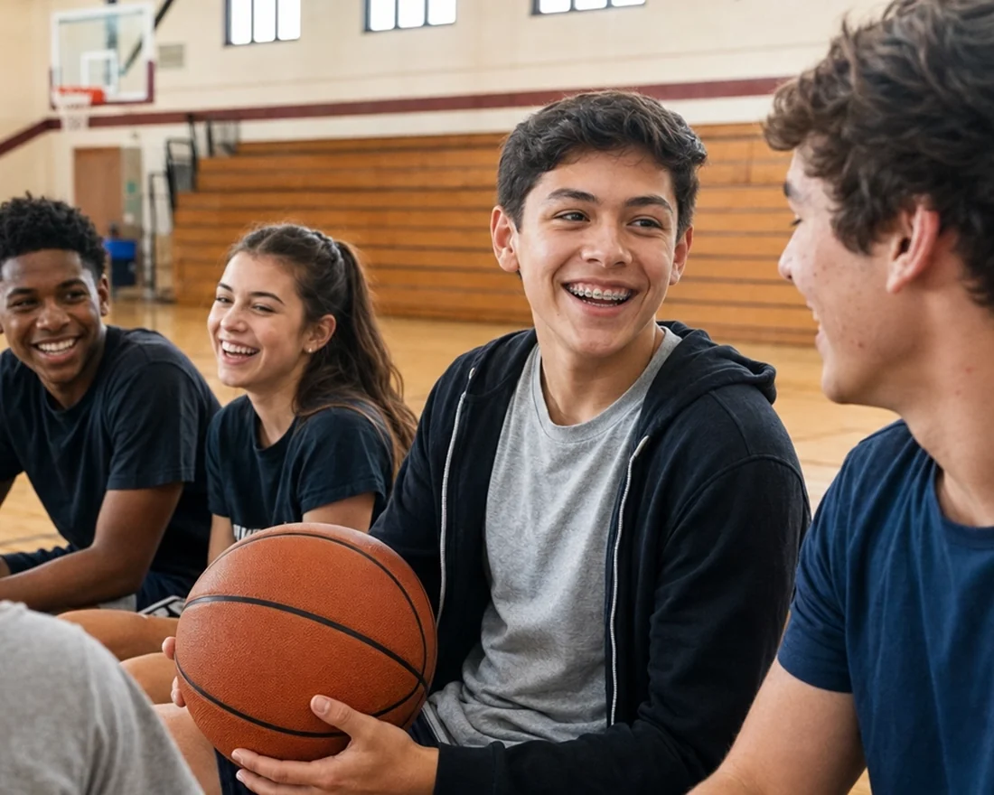 A teen with braces laughing with friends in a school gym, holding a basketball